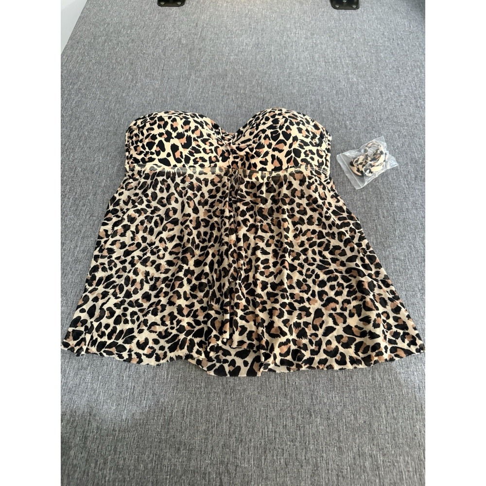 KONA SOL leopard animal Print Strapless Mesh Recycled Fabric Swimsuit Top L
